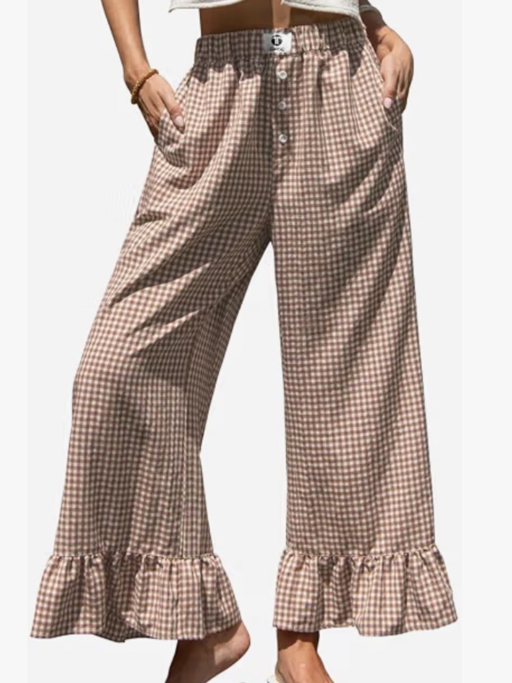 Tarse Coffee White Plaid Wide Leg Ruffle Hem Pants